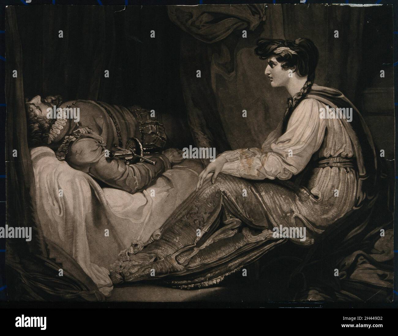 Eine junge Frau in mittelalterlichem Kleid, die neben dem Totenbett eines Ritters sitzt. Mezzotint. Stockfoto