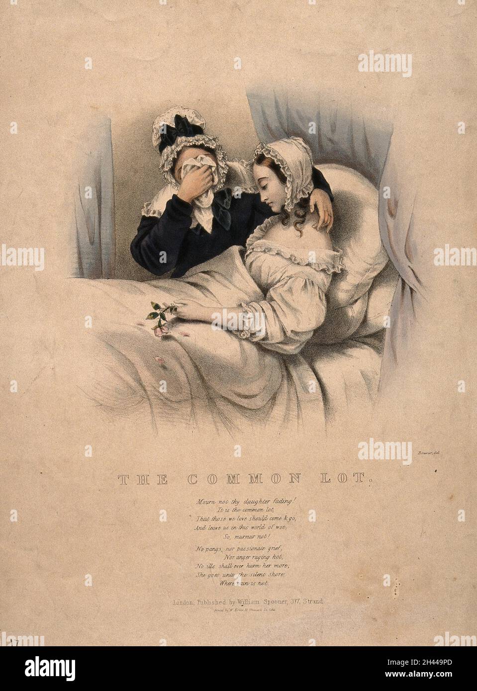 Eine Mutter weint in Trauer, während sie trösteten sterbenden Tochter, die hält eine Rosenknospe mit fallenden Blütenblättern. Farbige Lithographie von J. Bouvier. Stockfoto