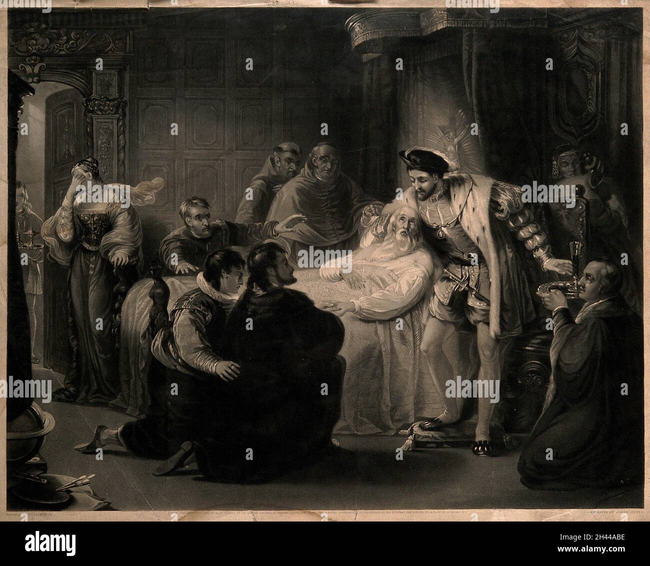 Leonardo da Vinci auf seinem Sterbebett, im Cloux 1519, mit François I. und Mitgliedern des königlichen Hauses in Anwesenheit. Mezzotint von J. Scott, 1845, nach W. Fisk. Stockfoto