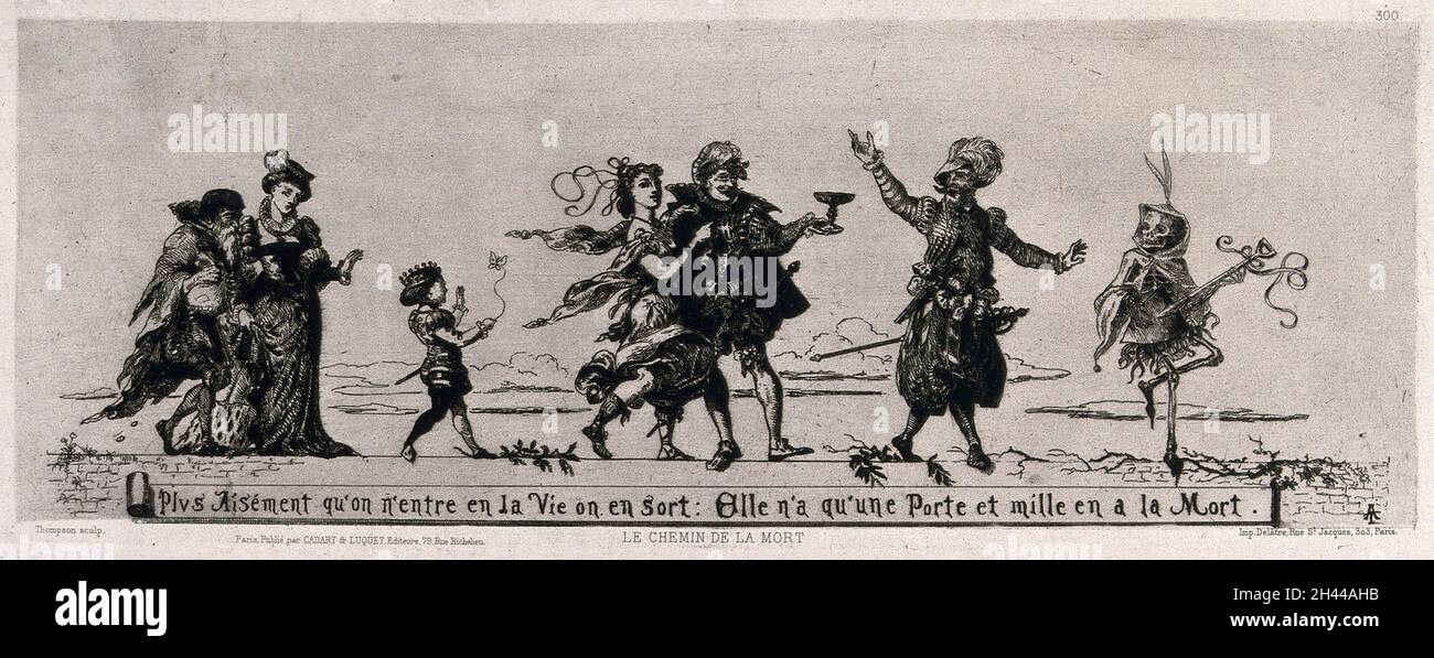 Eine Prozession von Tänzern nach einem musikmachenden Tod. Radierung von A.W. Thompson, 1867. Stockfoto