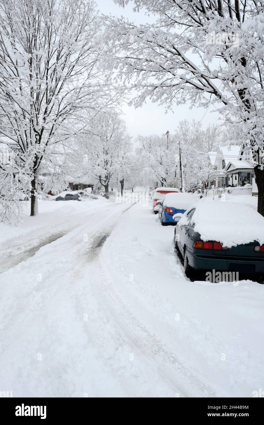 Die Nachwirkungen eines Schneesturms auf einer Wohnstraße. Stockfoto