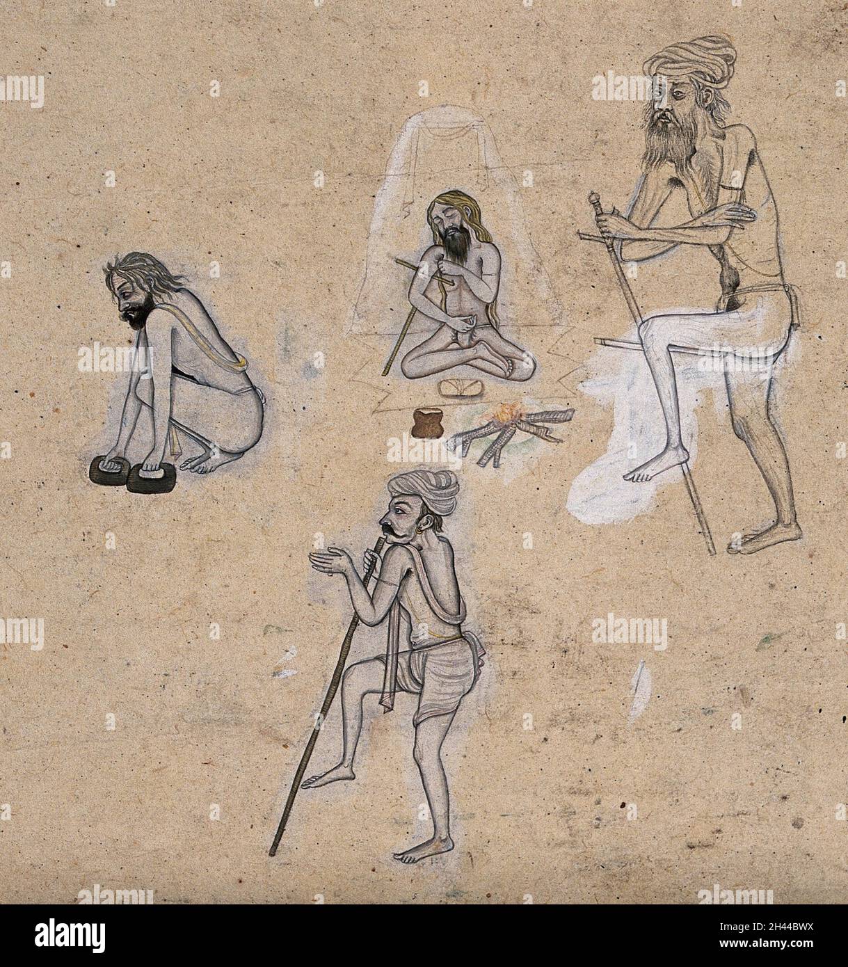 Vier Sadhus (hinduistische Asketen), die Rituale und Austeritäten durchführen. Zeichnung, ca. 1880 (?). Stockfoto