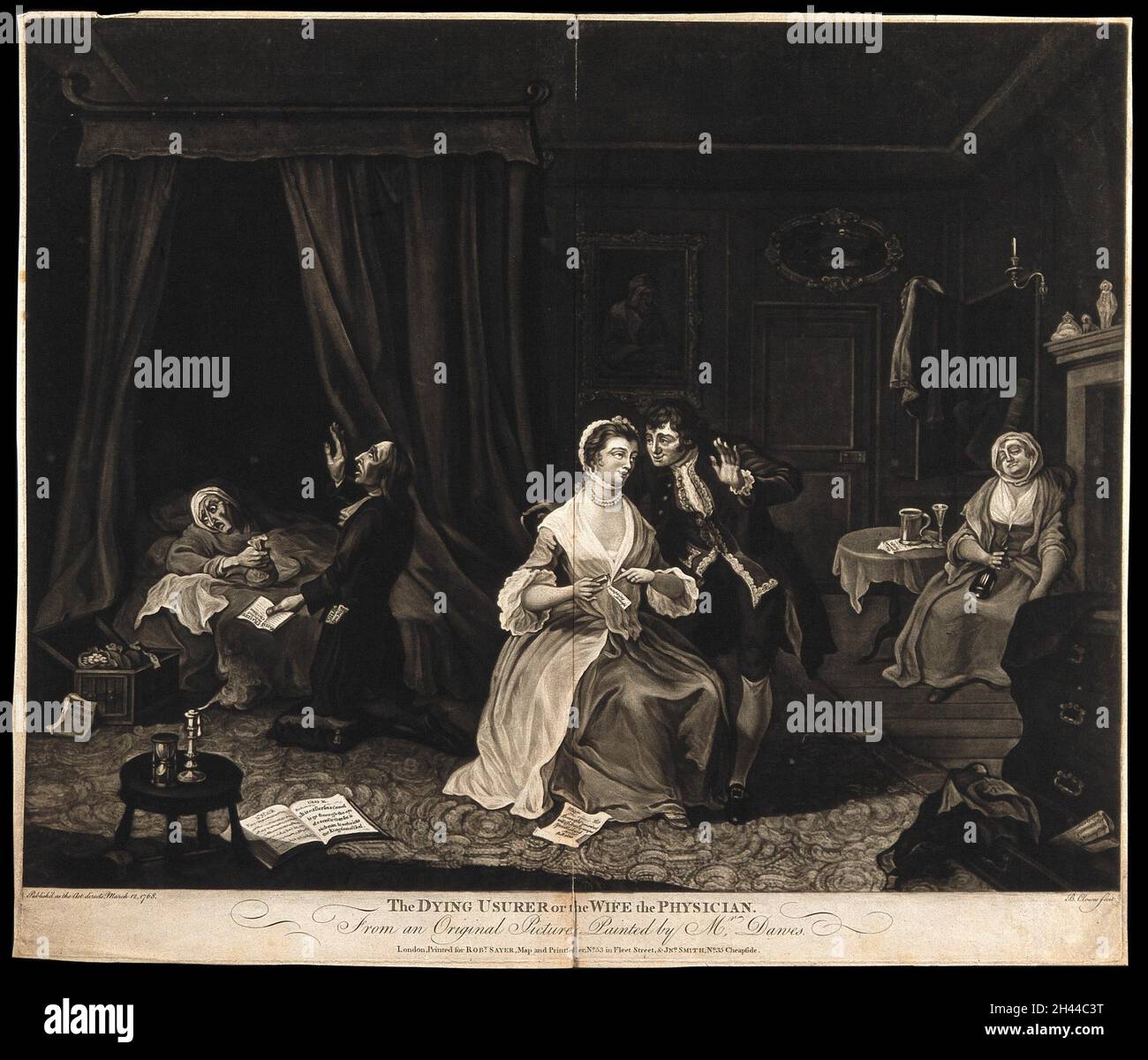 Ein Vikar betet für einen sterbenden Wucherer, während seine Frau ärztlichen Rat erhält. Mezzotint von B. Clowes nach W. Dawes, 1768. Stockfoto