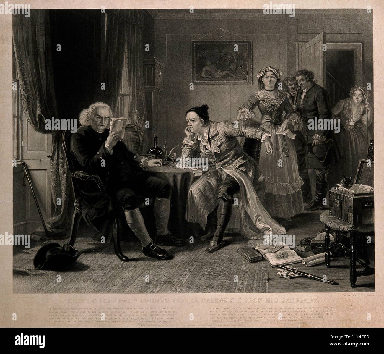 Dr. Samuel Johnson liest das Manuskript von Oliver Goldsmiths „der Vikar von Wakefield“, während ein Gerichtsvollzieher mit der Vermieterin wartet. Mezzotint von S. Bellin, 1845, nach E. M. Ward. Stockfoto