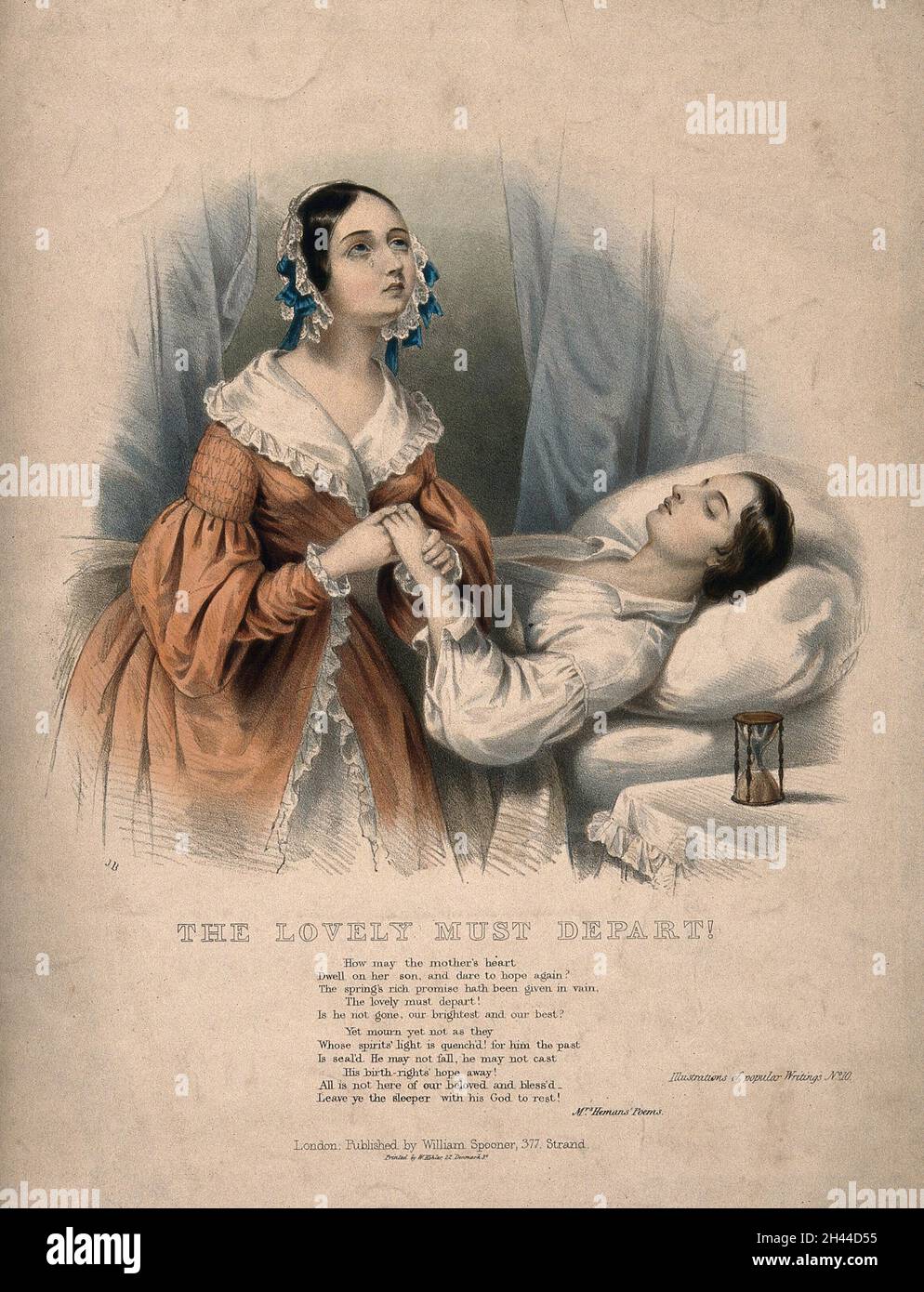 Ein junger Mann liegt im Sterben, eine Frau weint, während sie seine Hand hält, eine Sanduhr steht auf dem Tisch. Kolorierte Lithographie von J. Bouvier. Stockfoto