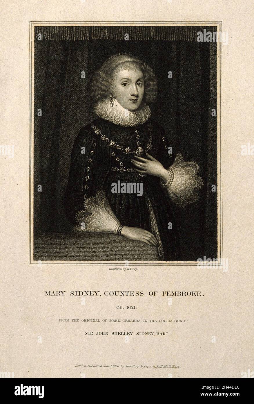 Mary Sidney Herbert, Gräfin von Pembroke. Kupferstich von W. T. Fry, 1835, nach M. Gerards. Stockfoto
