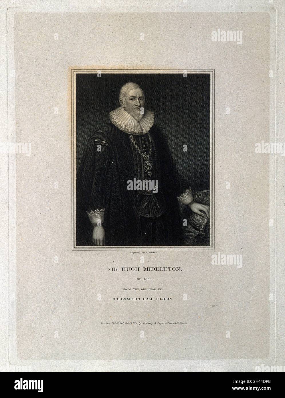 Sir Hugh Myddelton. Kupferstich von J. Cochran, 1831, nach C. Johnson, 1632. Stockfoto