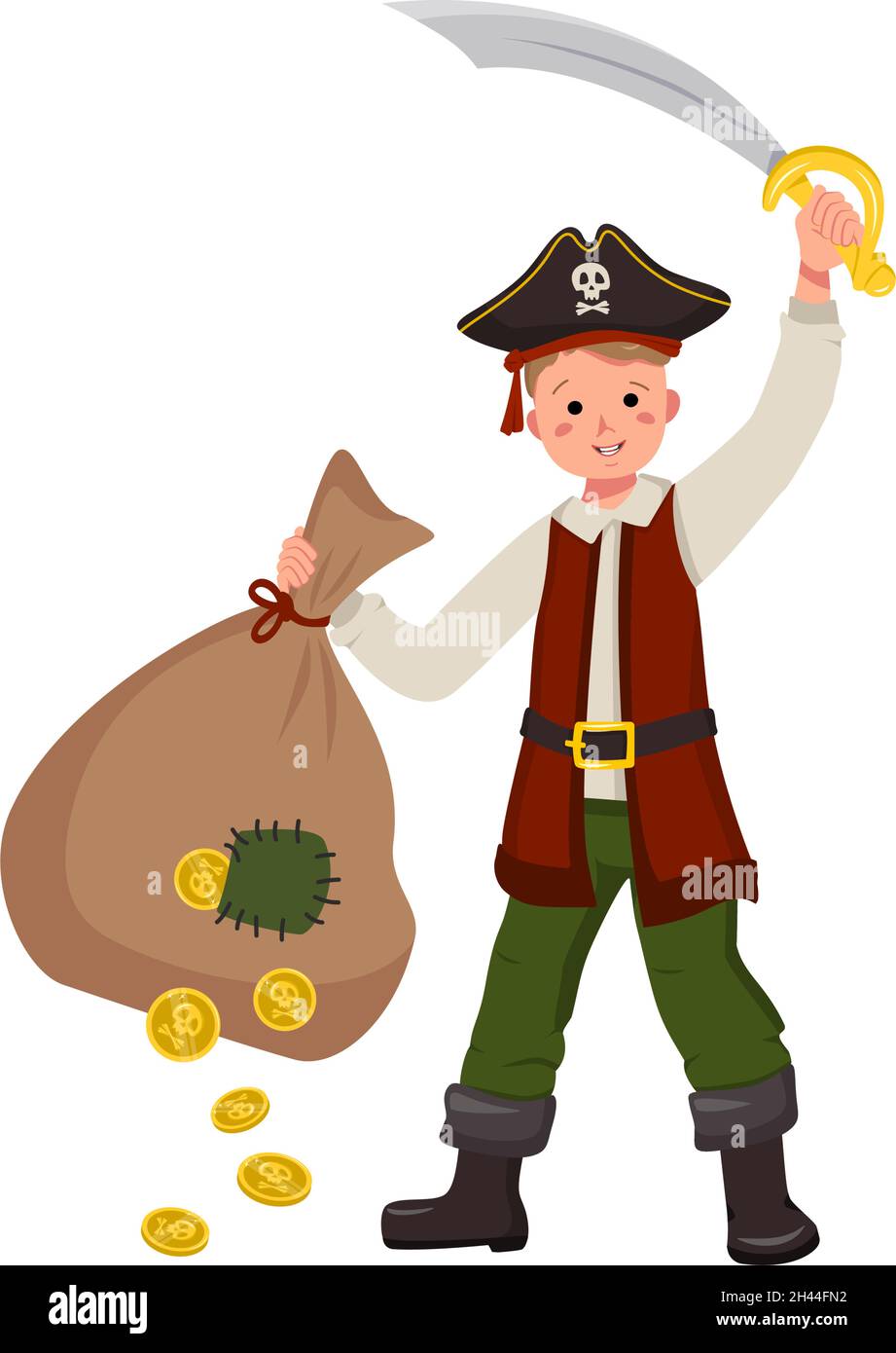 Glücklicher Piratenjunge mit Säbel, aufgespannter Mütze und Beutel mit Goldmünzen. Fröhliches Kind im Karnevalskostüm. Festliche Kleidung für Halloween, Neujahr, Urlaub und für Kinder Design. Vektorgrafik flach Stock Vektor