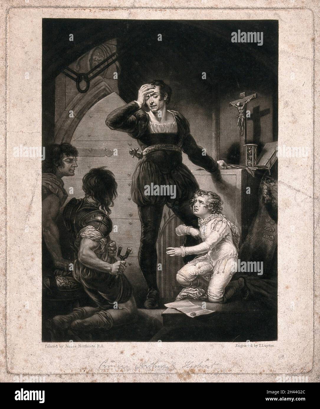 Prinz Arthur, der Enkel von König Heinrich II. Von England, klammert sich an seinen Hüter Hubert de Burgh, der sich widersetzt, den Prinzen blind und verstümmelt zu lassen, wie von König John angeordnet. Mezzotint von T. Lupton nach J. Northcote. Stockfoto