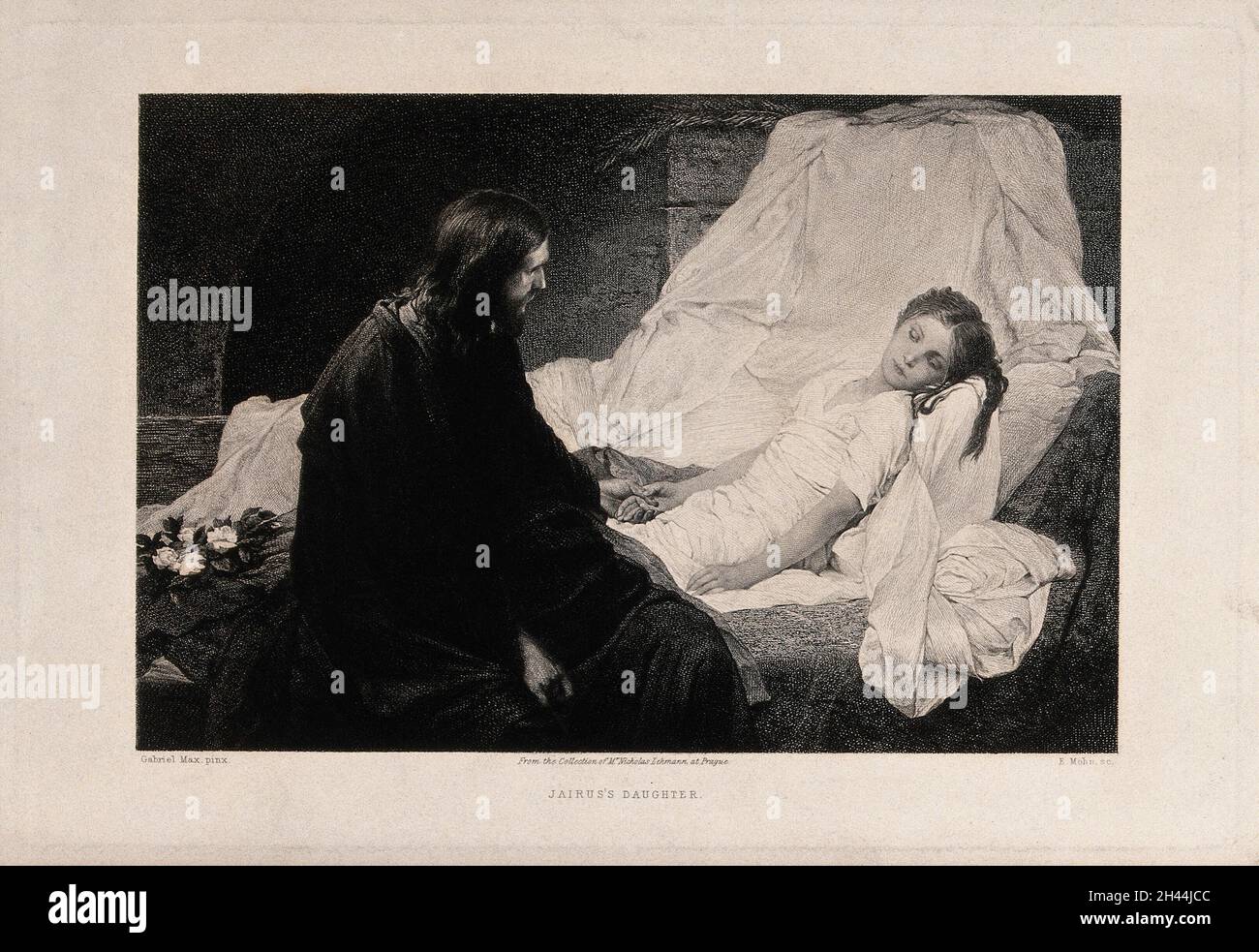 Christus sitzt am Bett von Jairus's kränkender Tochter. Radierung von E.F. Mohn nach G.C. von Max. Stockfoto