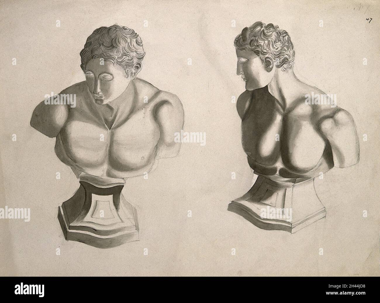 Männliche Büste auf einem Sockel: Zwei Figuren. Bleistift- und Tintenwaschzeichnung, nach einer nicht identifizierten Arbeit an der Anatomie, ca. 1830 (?). Stockfoto Männliche Büste auf einem Sockel: Zwei Figuren. Bleistift- und Tintenwaschzeichnung, nach einer nicht identifizierten Arbeit an der Anatomie, ca. 1830 (?). Stockfoto