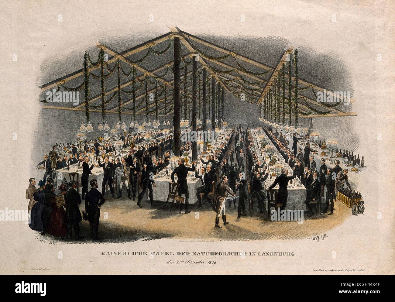 Wissenschaftler des österreichischen Kaiserreichs bei einem großen Bankett in einem Zelt, bei dem sie anstoßen. Kolorierte Lithographie von F. Wolf nach J.N. Höchle, 1832. Stockfoto