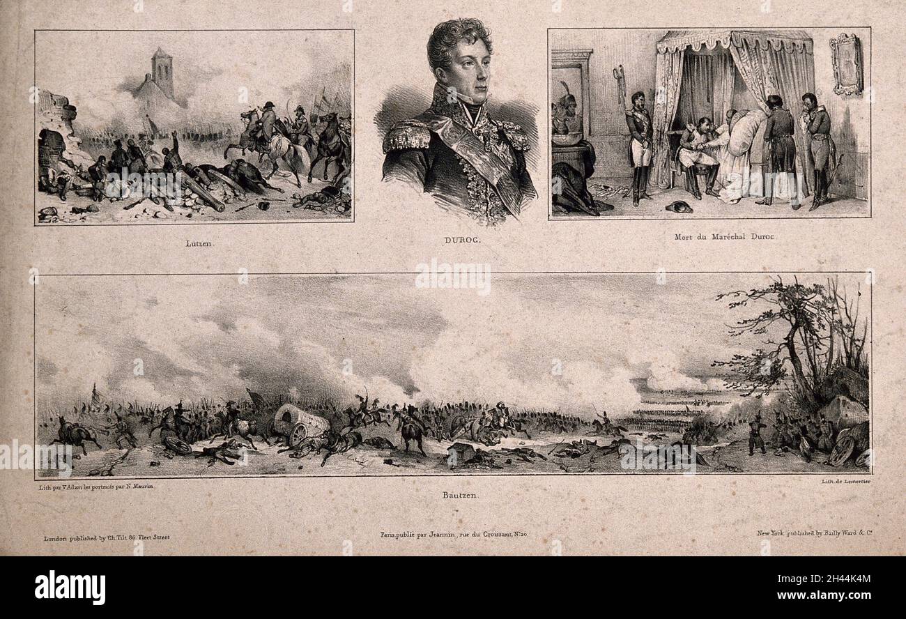 Marschall Duroc, mit Szenen seiner Feldzüge und seinem Todesbett. Lithographie von de Lemercier nach V. Adam und N. Maurin. Stockfoto