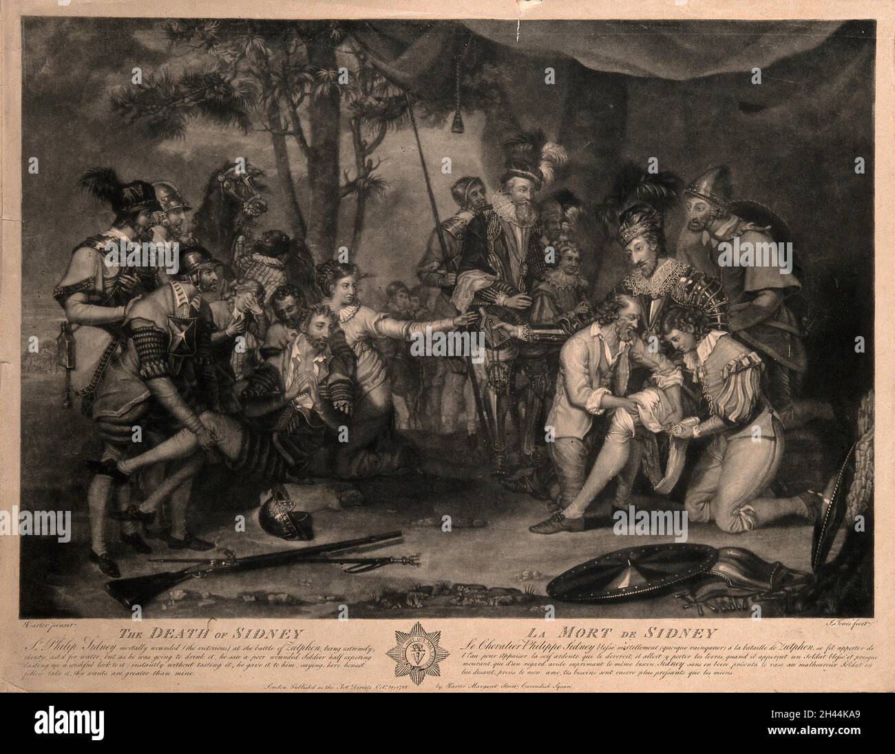 Der Tod von Sir Philip Sidney bei der Schlacht von Zutphen: Er übergibt einem Mitsoldaten eine Wasserflasche. Mezzotint von J. Jones nach G. Carter, 1782. Stockfoto