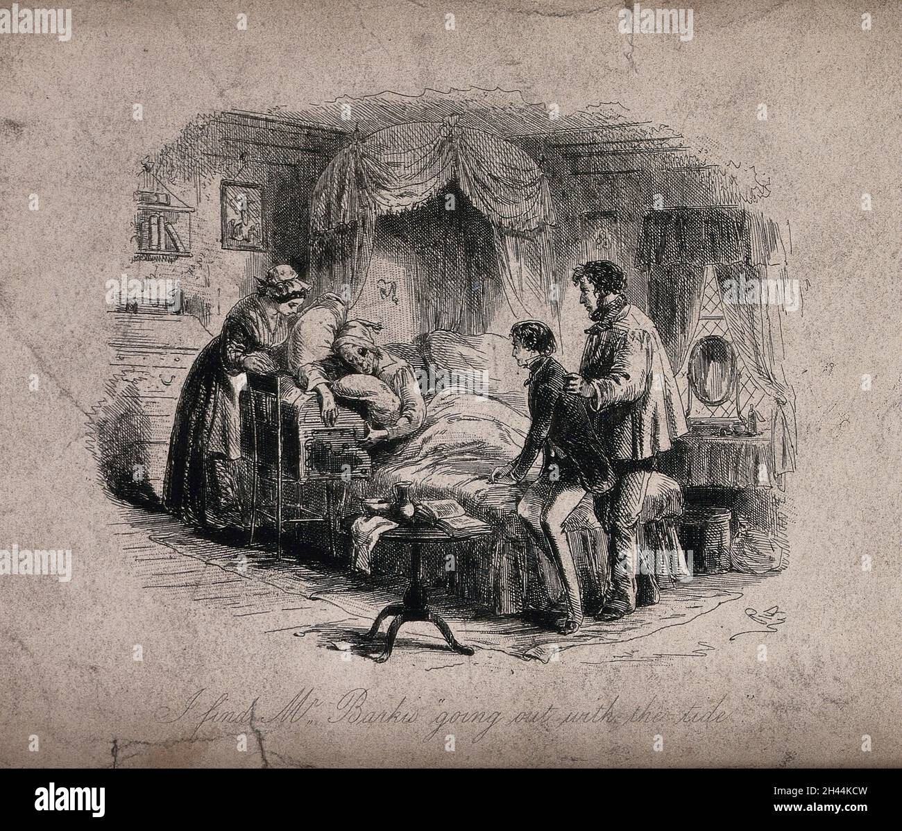 Ein sterbender Mann ist von zwei Männern und einer Frau umgeben. Ätzen. Stockfoto