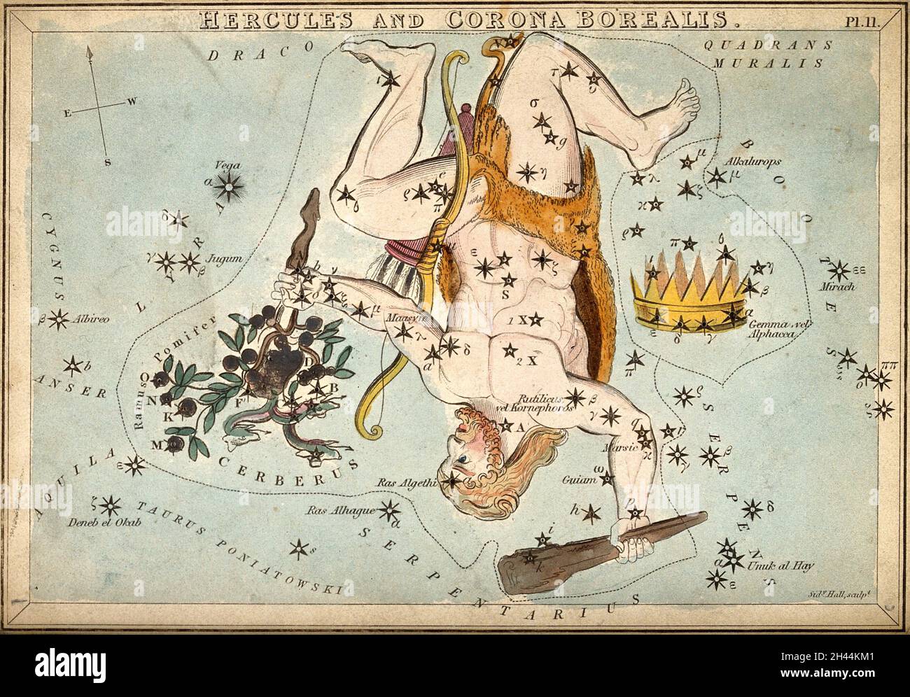 Astrologie: Sternbilder, Herkules. Kolorierte Kupferstich von S. Hall, 1825. Stockfoto