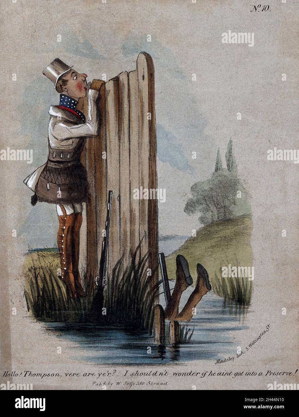Ein Mann in einem schottischen Jagd Outfit versucht, über einen Zaun nicht sehen, dass sein Begleiter im See hinter dem Zaun vor dem Ertrinken zu blicken. Farbige Lithographie. Stockfoto
