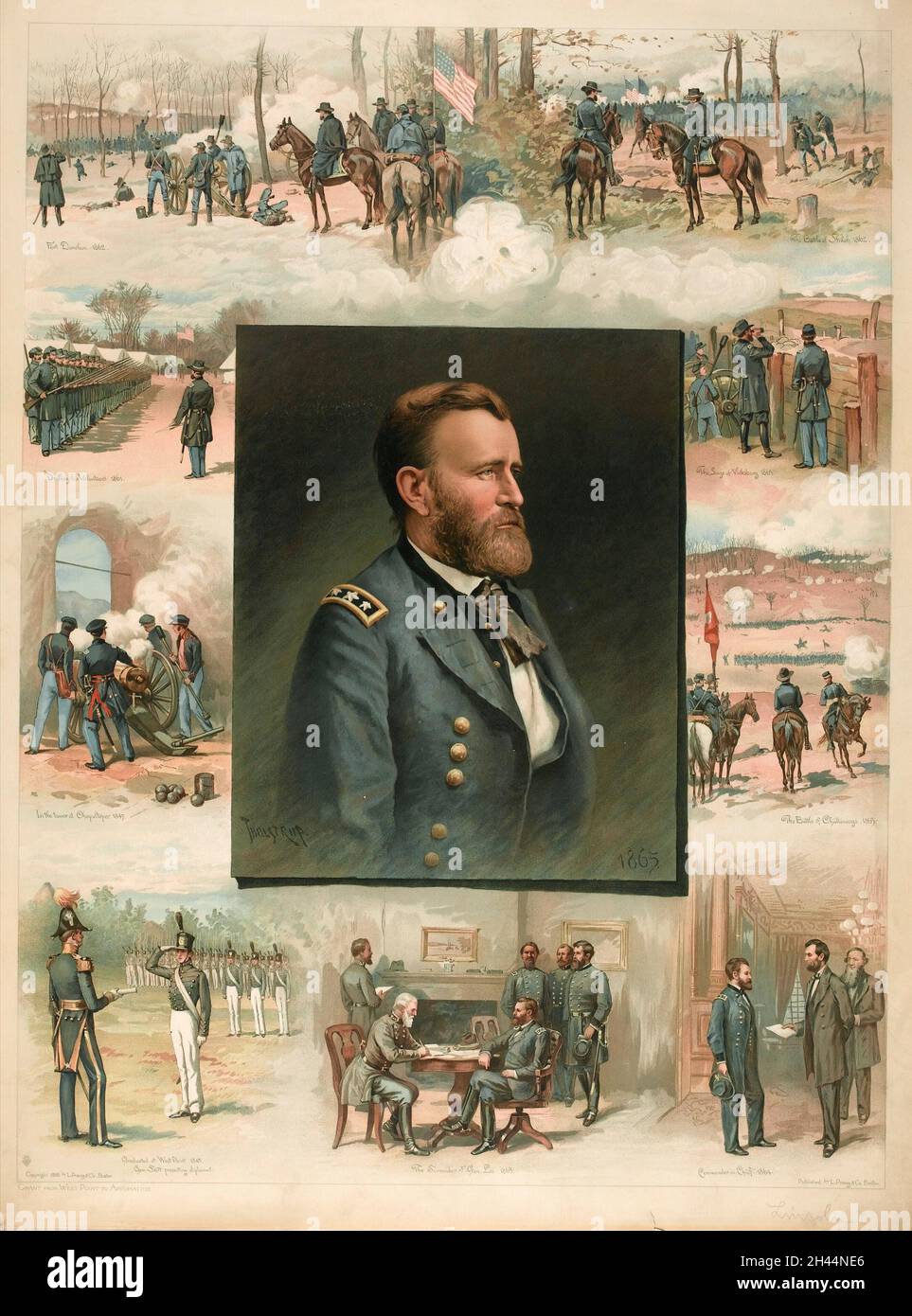 General Ulysses S. Grant: Ereignisse seiner militärischen Laufbahn um das zentrale Porträt. Chromolithographie nach Tholstrup, ca. 1865. Stockfoto