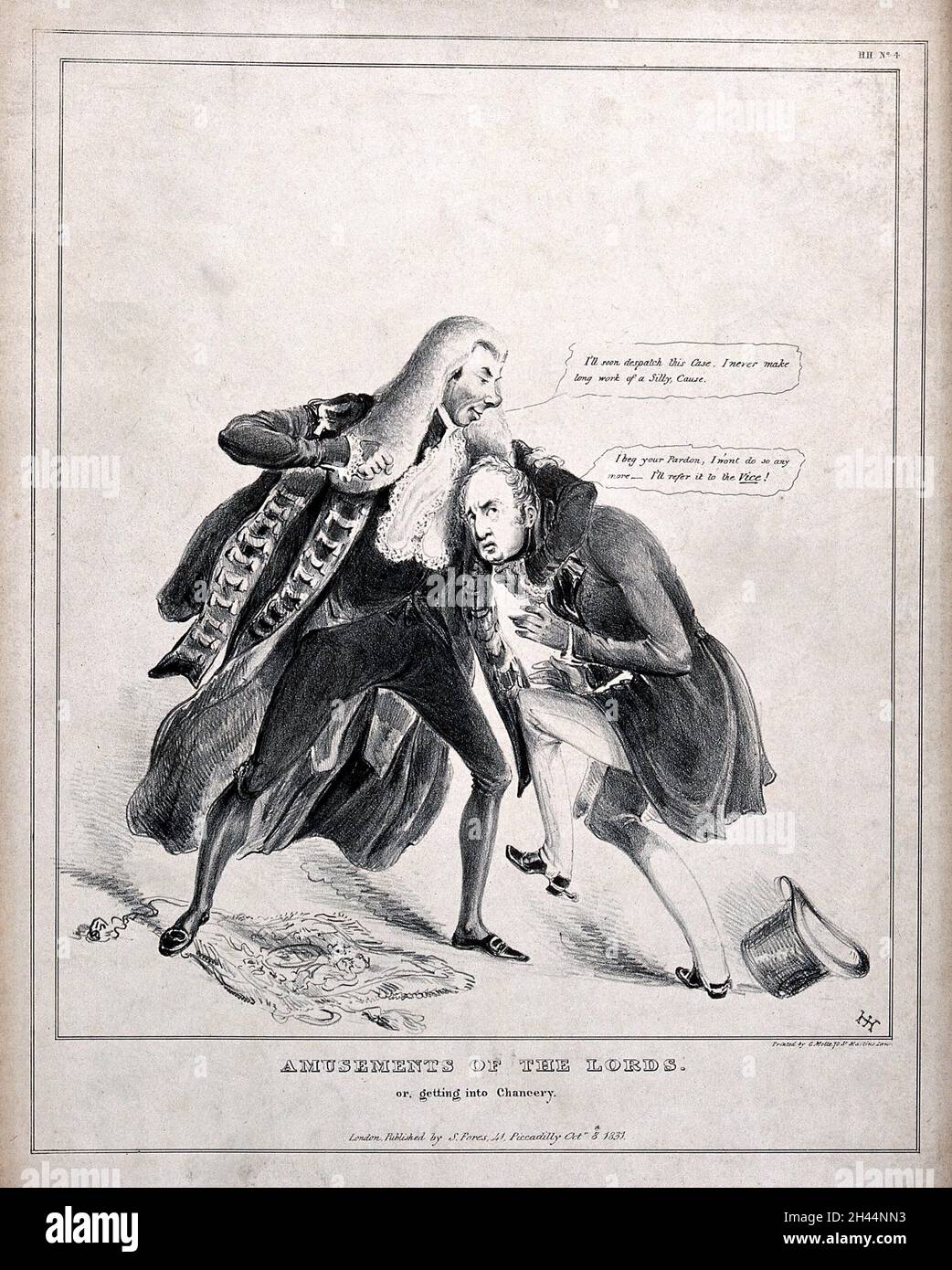 Ein Mann in einer Perücke hat seinen Arm um den Hals eines anderen Mannes. Lithographie. Stockfoto Ein Mann in einer Perücke hat seinen Arm um den Hals eines anderen Mannes. Lithographie. Stockfoto