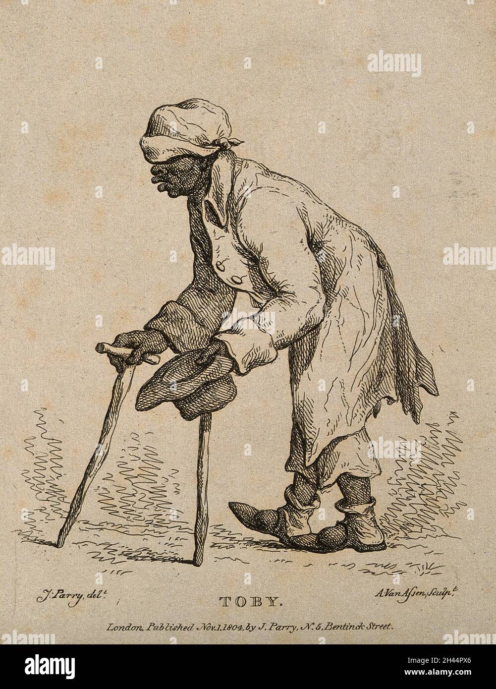 Toby, ein Mann, der vorgab, blind und lahm zu sein. Radierung von A. van Assen, 1804, nach J. Parry. Stockfoto