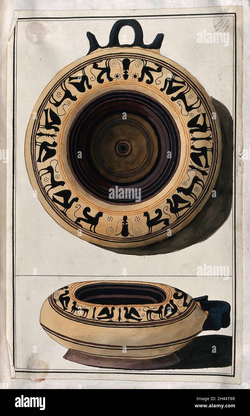 Oben ein griechisches Gefäß mit Balck-Figur und weißem Grund, verziert mit einem Fries aus stilisierten Spinnwangen und Löwen; unten Seitenansicht des Gefäßes. Aquarell von A. Dahlstein, 1760/1780 (?). Stockfoto