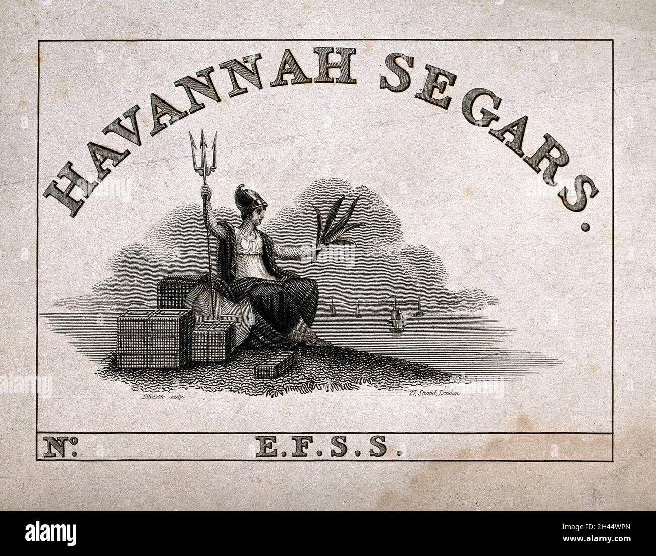 Britannia hält einen Dreizack in der einen Hand und Tabakblätter in der anderen. Gravur von Silvester, Anfang des 19. Jahrhunderts. Stockfoto