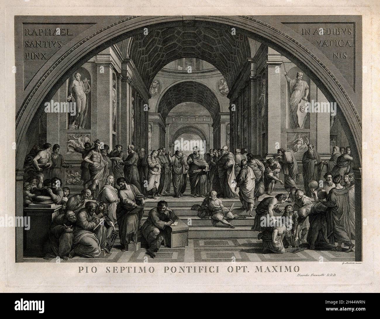 Die Schule von Athen: Ein Treffen alter Philosophen. Stich von G. Mochetti nach Raphael. Stockfoto