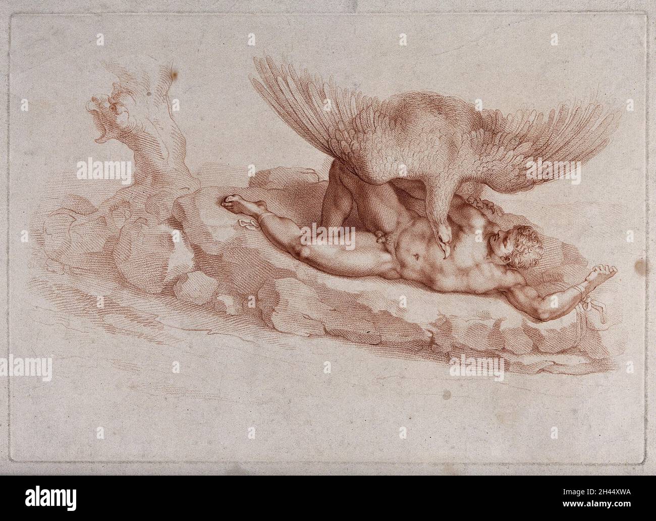 Prometheus an einen Felsen gebunden, seine Leber von einem Adler gefressen. Crayon Manner-Druck. Stockfoto