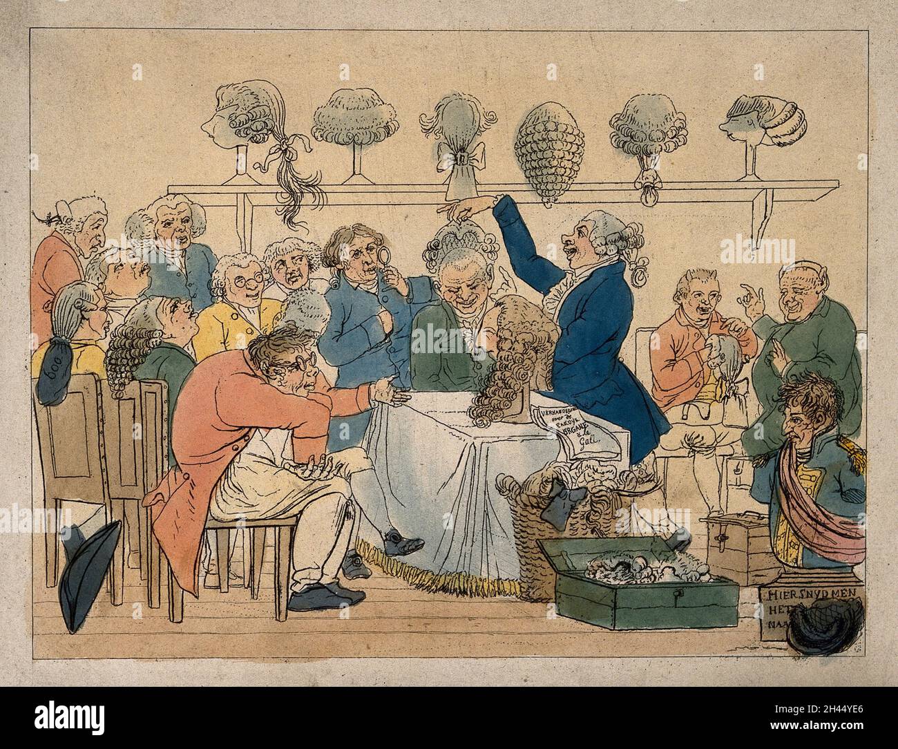 In einem überfüllten Salon passt ein Wigmaker Perücken je nach Beruf, was die Charakterstereotypisierung von Galls Phroenologie darstellt. Farbige Radierung von J.E. Marcus nach J. Smies, c. 1810. Stockfoto