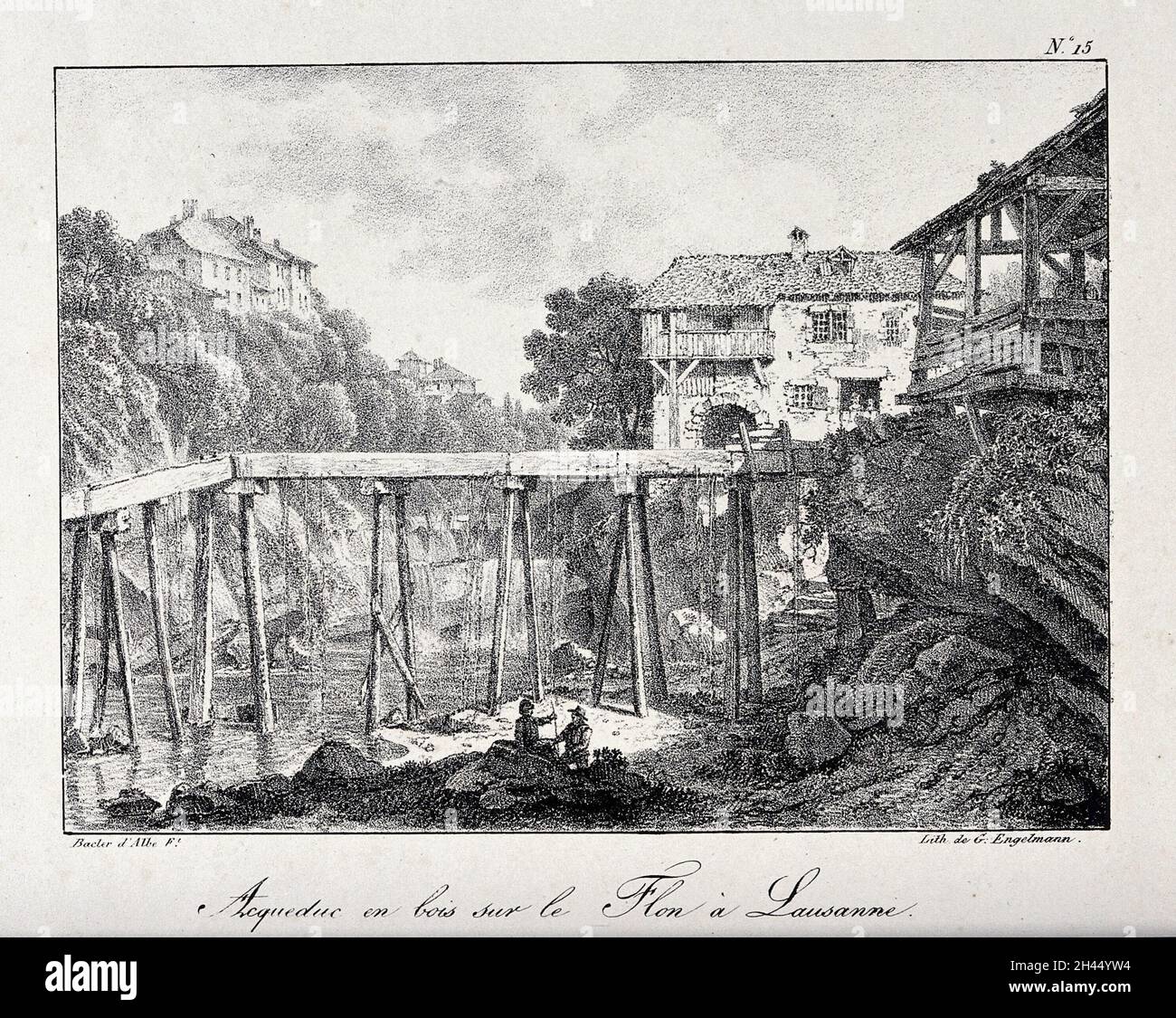Lausanne, Schweiz: Ein hölzernes Aquädukt über dem Fluss Flon. Lithographie von L. Bacler d'Albe. Stockfoto