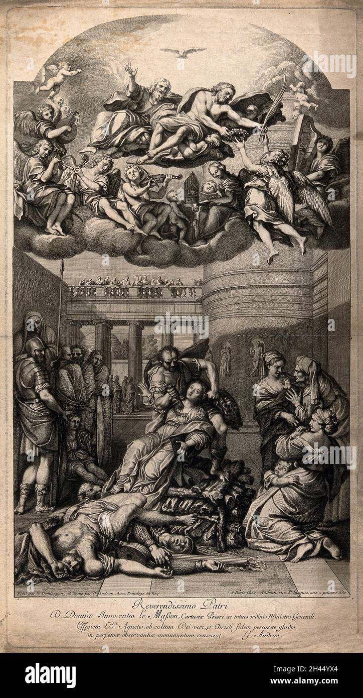 Das Martyrium der heiligen Agnes: Sie wird erstochen, und ein Engel erhält die Handfläche des Märtyrers von Christus zur Selbsthingabe an sie. Stich von G. Audran nach D. Zampieri, il Domenichino. Stockfoto