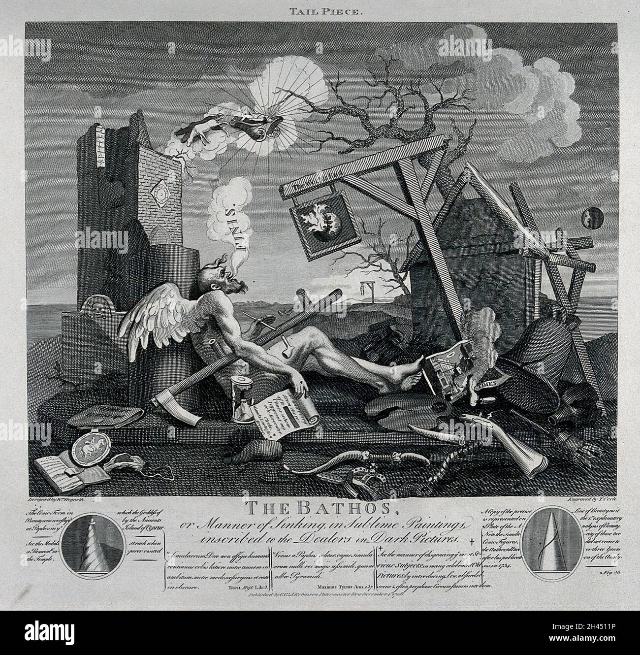 Wenn er selbst stirbt, seine Sense und Sanduhr gebrochen und seine Pfeife gerissen ist, endet er mit dem Aussprechen von 'Finis'. Stich von T. Cook nach W. Hogarth. Stockfoto