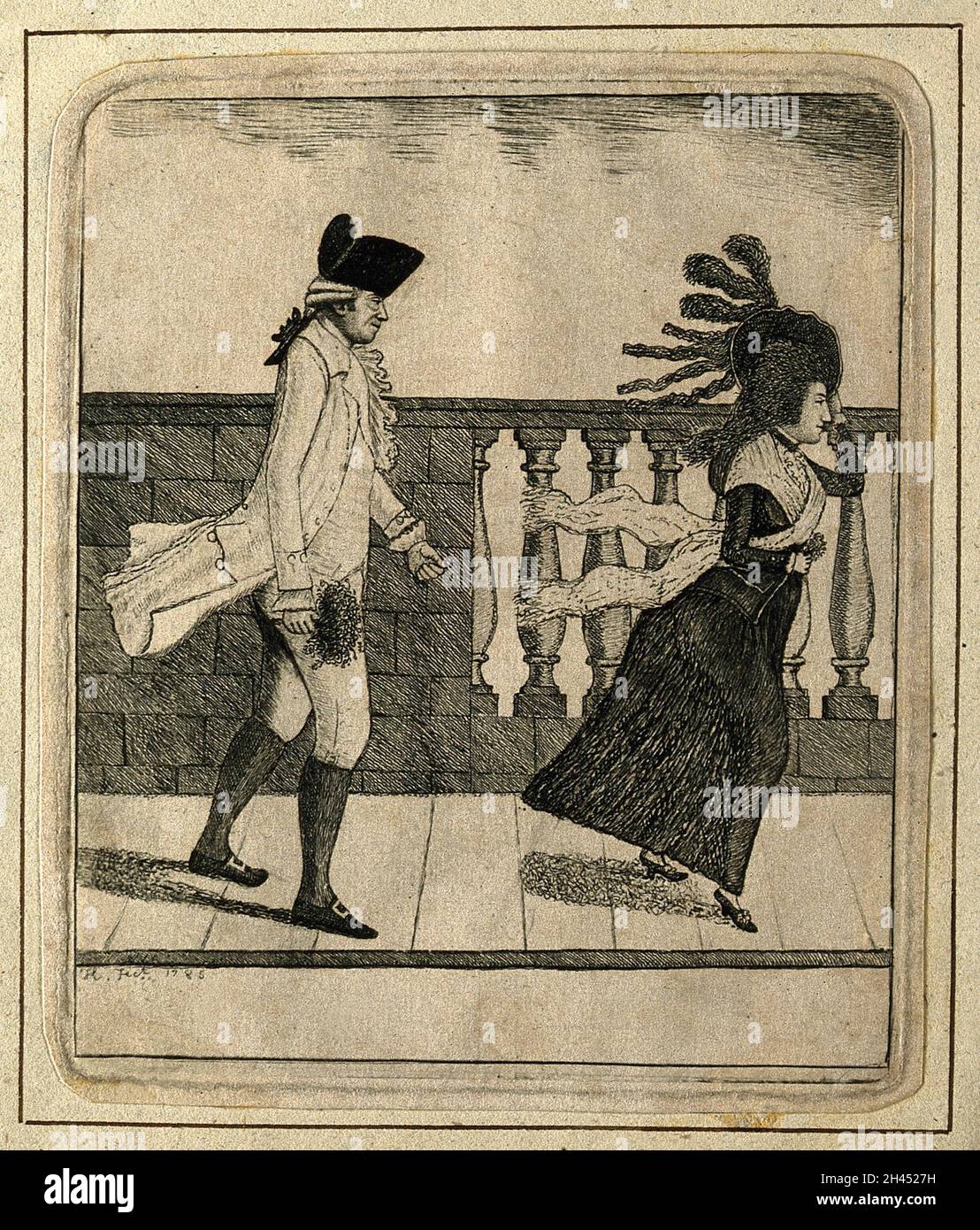 James Graham: Ansprache einer Dame, die auf der High Bridge in Edinburgh läuft. Radierung von J. Kay, 1785. Stockfoto