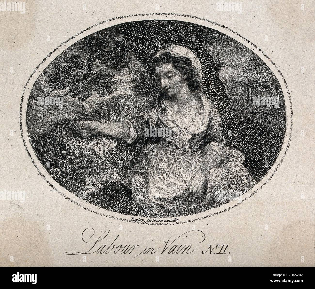 Eine junge Dame, die unter einem Baum sitzt, versucht unwirksam, einem kleinen Vogel ein Stück Schnur an den Füßen zu befestigen. Aquatinta mit Radierung. Stockfoto