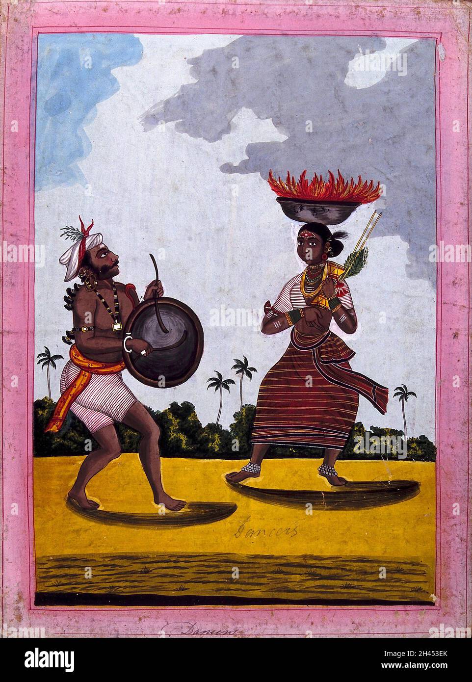 Ein tanzendes Paar aus der Pujari-Kaste. Gouache-Zeichnung. Stockfoto