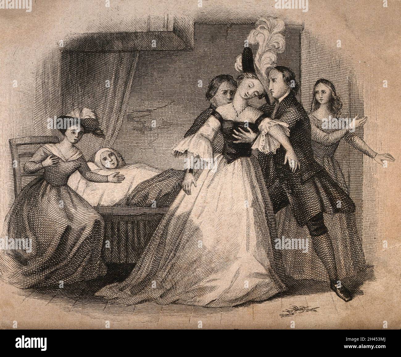 Eine modische junge Frau, die am Krankenbett eines Invaliden in die Arme eines jungen Mannes ohnmächtig wird. Gravur. Stockfoto