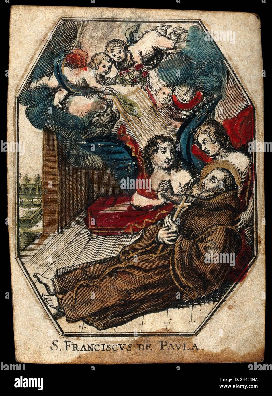 Hl. Franziskus von Paola: Engel unterstützen ihn in seinen sterbenden Momenten, während Cherubim mit Blumen und einer Handfläche herabsteigen. Farbige Gravur. Stockfoto