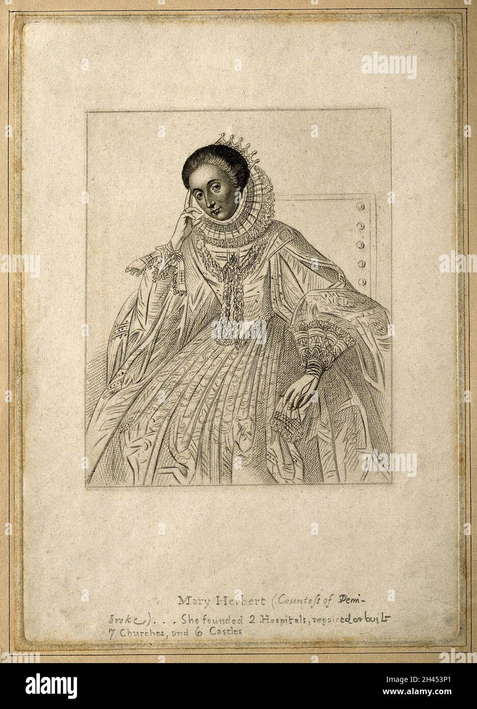 Mary Sidney Herbert, Gräfin von Pembroke. Stichgravur. Stockfoto