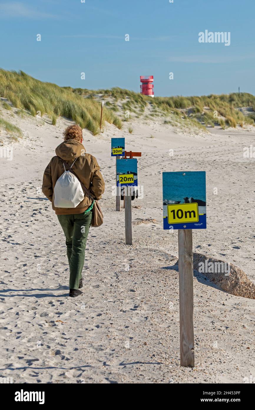 Schilder, die Menschen bitten, einen Abstand von 30 Metern zu Robben, Düne, Helgoland Island, Schleswig-Holstein, Deutschland, zu halten Stockfoto