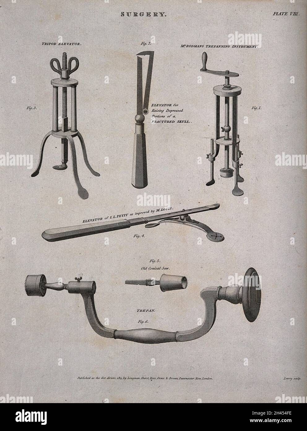 Chirurgische Instrumente zum Trepanning, inklusive Stativaufzug. Stich von Wilson Lowry, 1813. Stockfoto