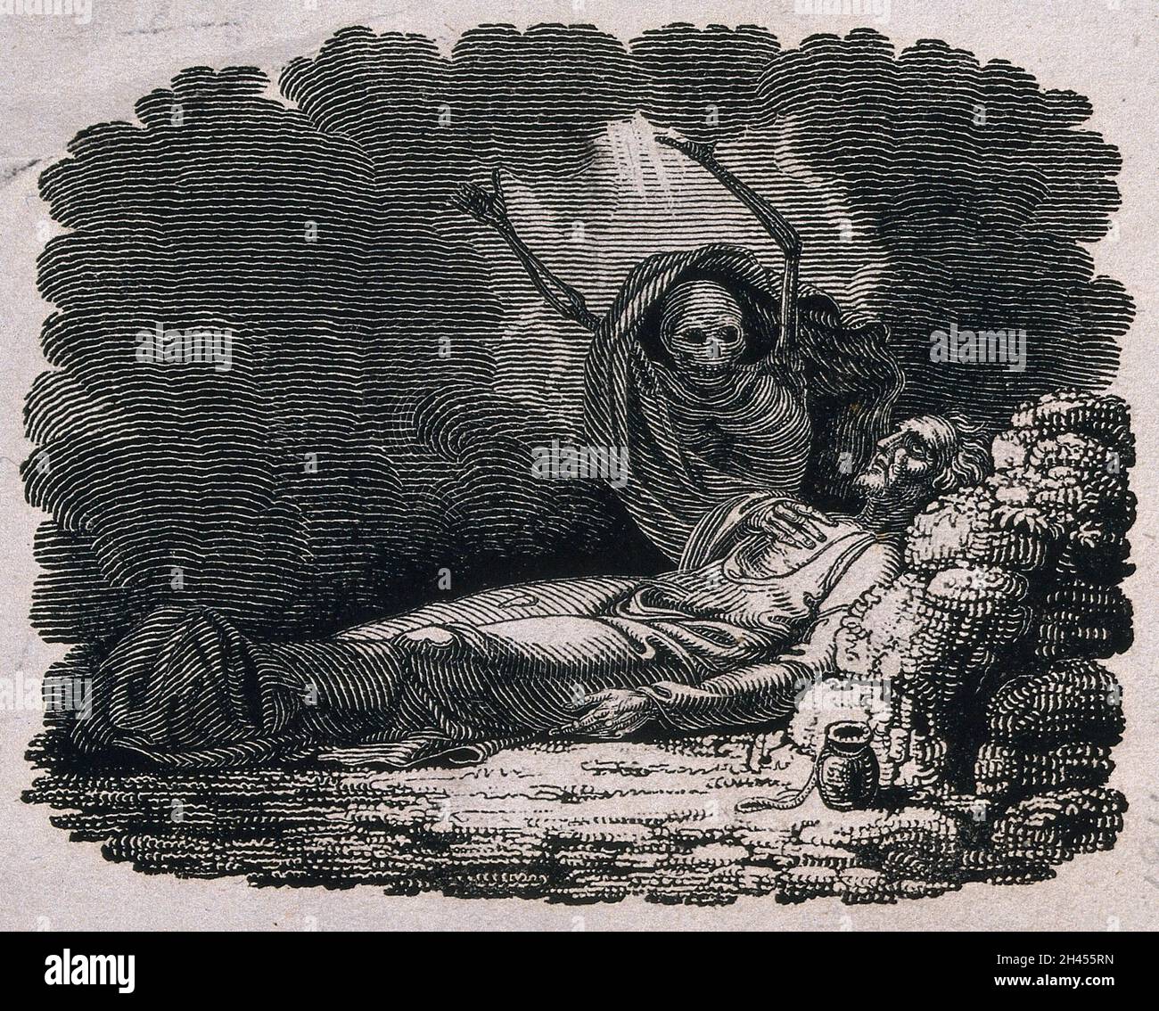 Ein Skelett nähert sich einem sterbenden Mann. Weiße Linie Holzstich. Stockfoto