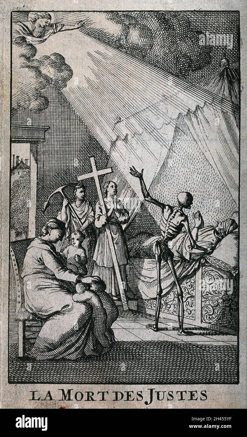 Ein sterbender Mann wird von einer Todesfigur getröstet. Ätzen. Stockfoto