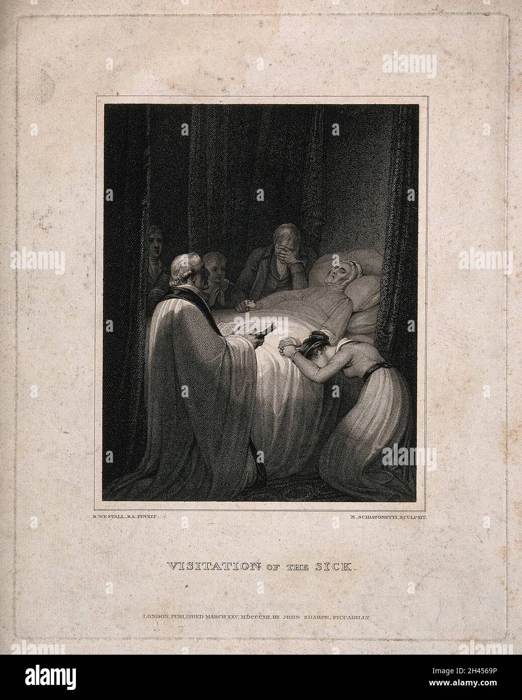 Menschen drängen sich vor Trauer um das Bett einer sterbenden Person, während die letzten Riten gelesen werden. Kupferstich von N. Schiavonetti, 1812, nach R. Westall. Stockfoto