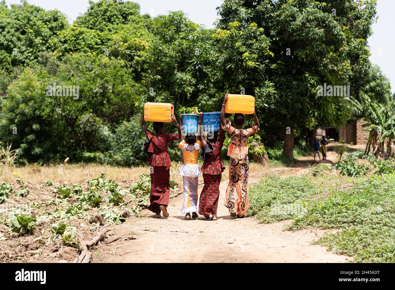 Rückansicht einer Gruppe afrikanischer Kinder, die mit Wasserbehältern auf dem Kopf in Richtung Wald gehen Stockfoto