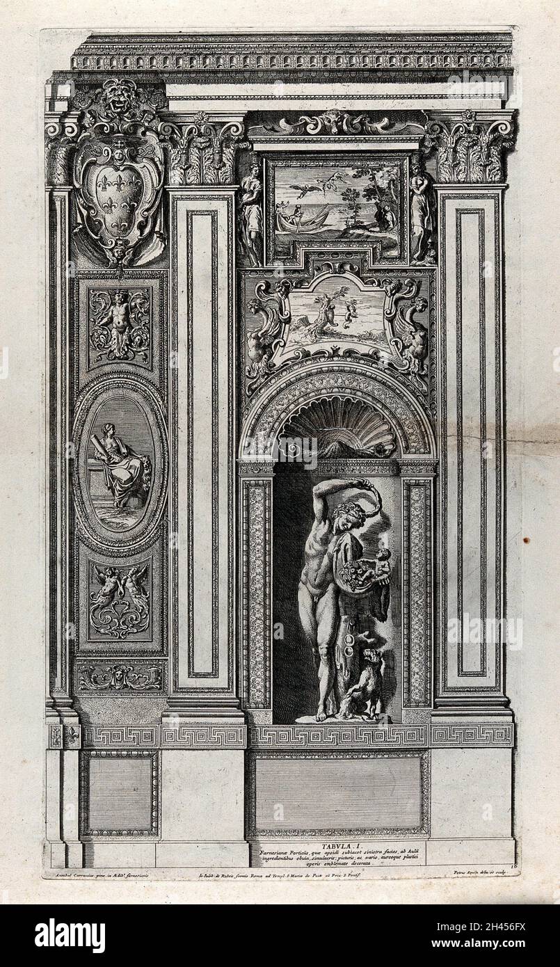 Palazzo Farnese, Rom: Eine Wand der Galerie. Radierung von P. Aquila nach Annibale Carracci. Stockfoto