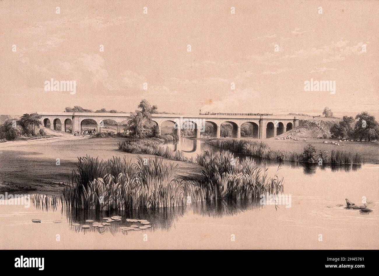 London und Birmingham Railway: Das Viadukt über den Fluss Avon in Wolston, Warwickshire. Getönte Lithographie von J.C. Bourne, 1838. Stockfoto