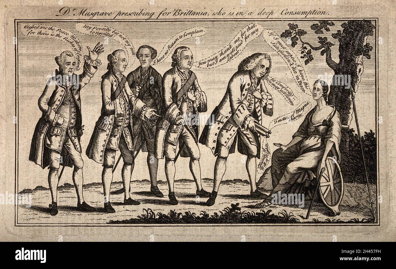 Ein Arzt, der einer Frau Medikamente vor einer Gruppe widerwilliger Männer gab; er vertritt Dr. Musgravis Versuch, Anklage gegen eine Gruppe von Politikern zu erheben, die angeblich Bestechungsgelder von den Franzosen genommen hatten, um den Vertrag von Paris im Jahr 1763 abzuschließen. Radierung, 1769. Stockfoto
