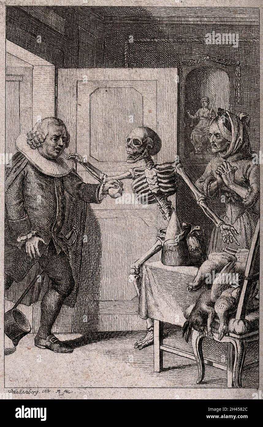 Ein Stadtrat begibt sich in einen Raum, in dem er vom Tod begrüßt wird. Radierung von J.R. Schellenberg, 1785. Stockfoto