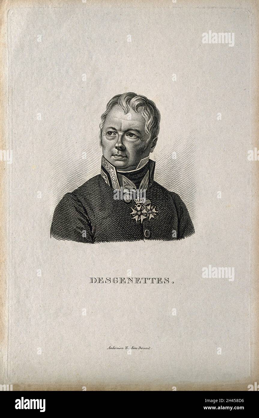 Nicolas-René-Dufriche, Baron Desgenettes. Kupferstich von A. Tardieu. Stockfoto