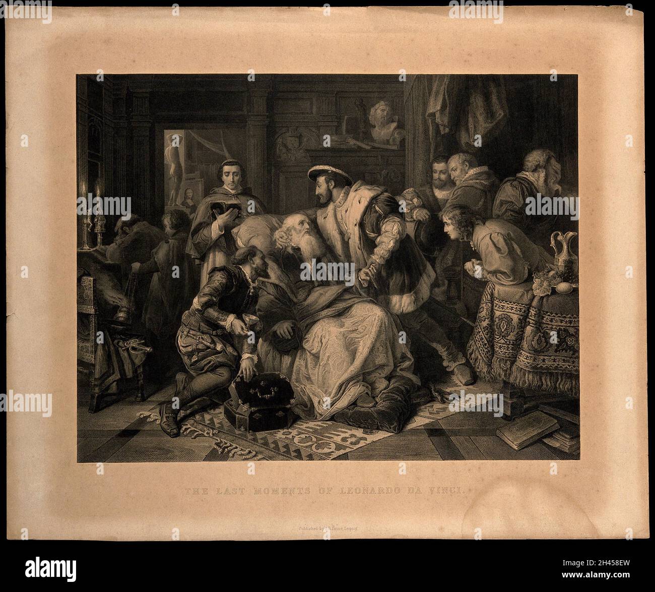 Leonardo da Vinci auf seinem Sterbebett, im Cloux 1519, mit François I. und Mitgliedern des königlichen Hauses in Anwesenheit. Stich von Ch. Preisel nach J. Schrader. Stockfoto